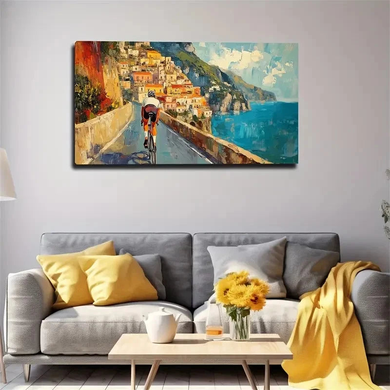 Vibrant Coastal Bike Ride Wall Art Canvas Office Home Room Framed 120x60cm