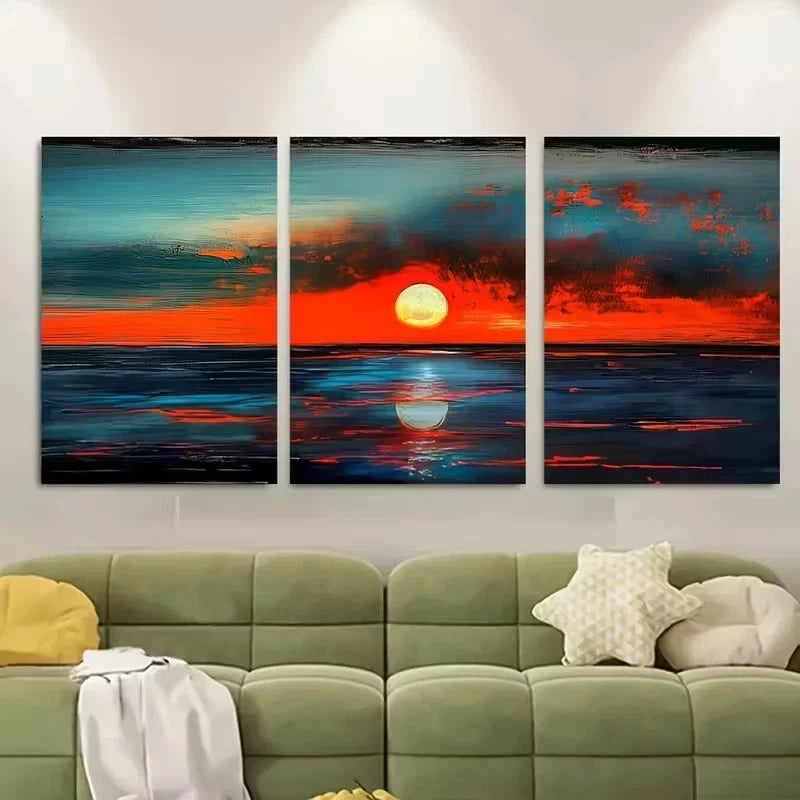 3pcs Sunset Ocean Reflection Wall Art Set Canvas Framed 50x70cm - High Quality Print 100% Australian Made Wall Canvas Ready to Hang