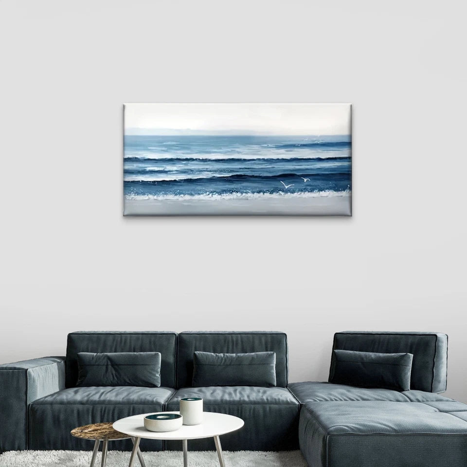 Beach Scene Blue Wave Wall Art Canvas Office Home Room Framed 120x60cm