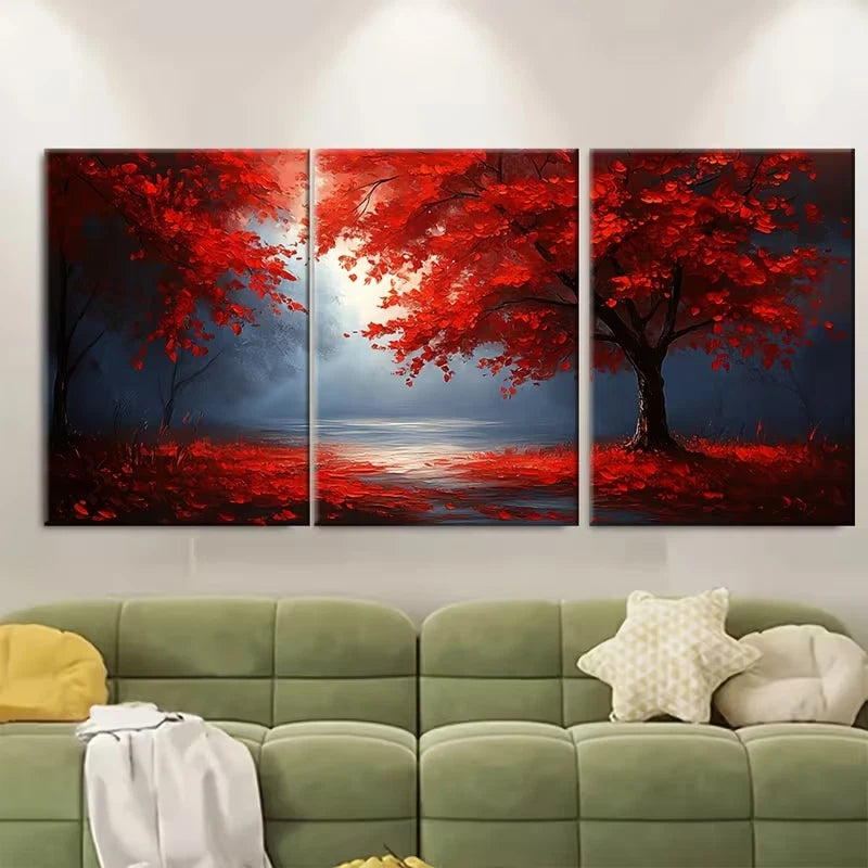 3pcs Blue Morning Mist With Red Leaves Metal Print Ready to Hang Art