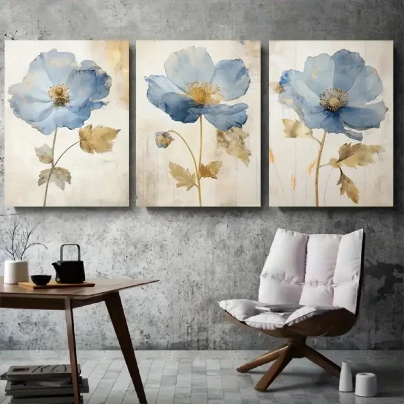 3pcs Blue Floral Modern Botanical Wall Art Set Canvas Framed 40x60cm - High Quality Print 100% Australian Made Wall Canvas Ready to Hang - Bella Home Decor