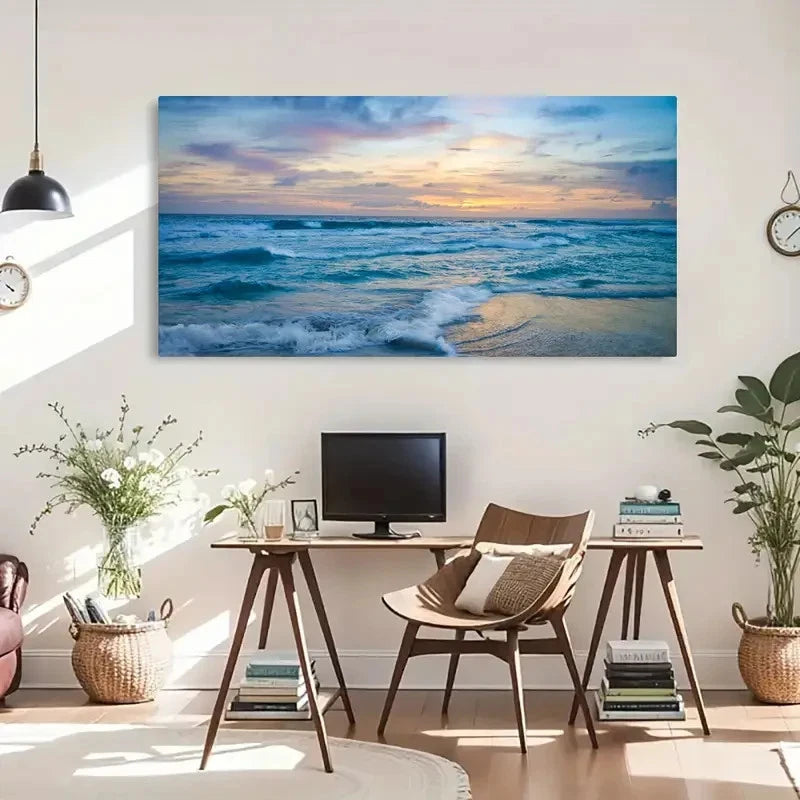 Ocean Waves At Sunset Vintage Wall Art Canvas Office Home Room Framed 120x60cm - Bella Home Decor