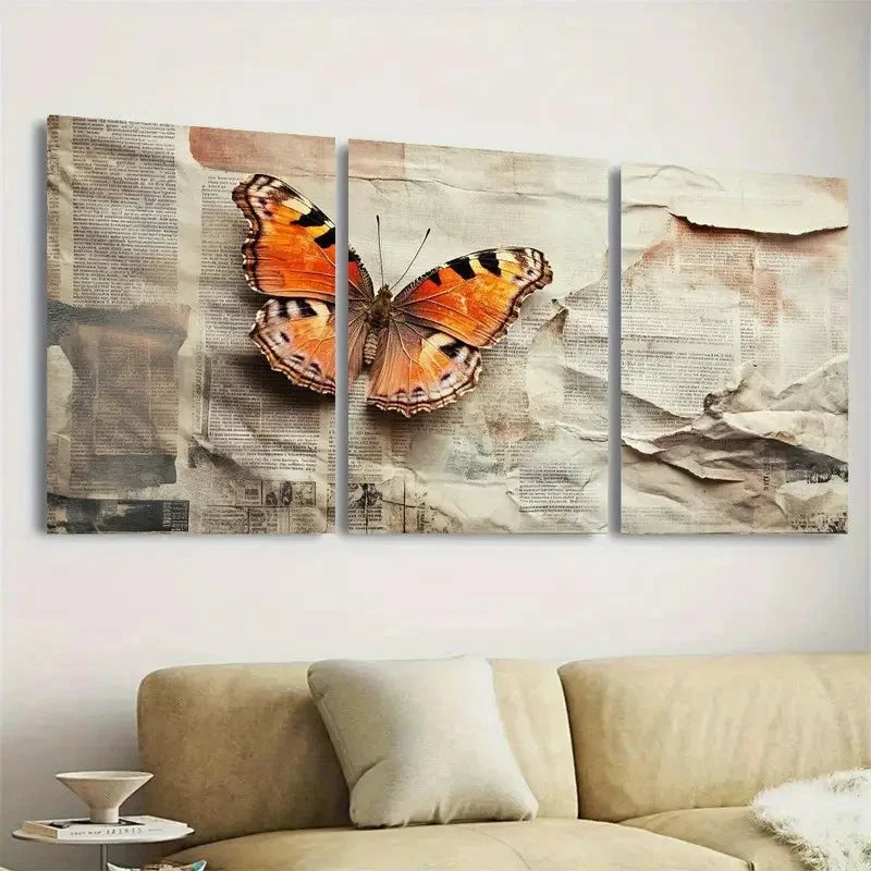 3pcs Vibrant Butterfly & Newspaper Wall Art Set Canvas Framed 40x60cm - High Quality Print 100% Australian Made Wall Canvas Ready to Hang - Bella Home Decor