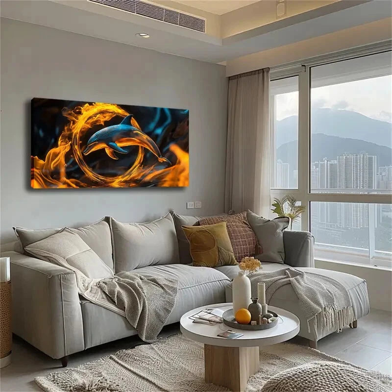 Dolphin Leaping The Flame Ring Wall Art Canvas Office Home Room Framed 120x60cm - Bella Home Decor