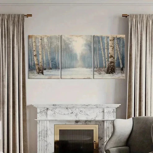 3pcs Winter Forest Birch Trees Snowy Path Wall Art Canvas Unframed - High Quality Print 100% Australian Made Wall Canvas