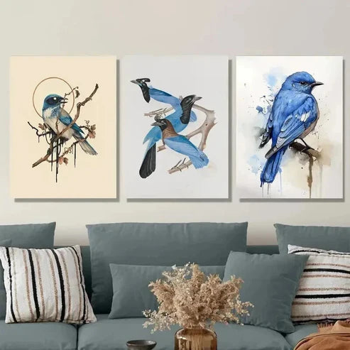 3pcs Blue Bird Watercolor Nature Bird Wall Art Set Canvas Unframed - High Quality Print 100% Australian Made Wall Canvas - Bella Home Decor
