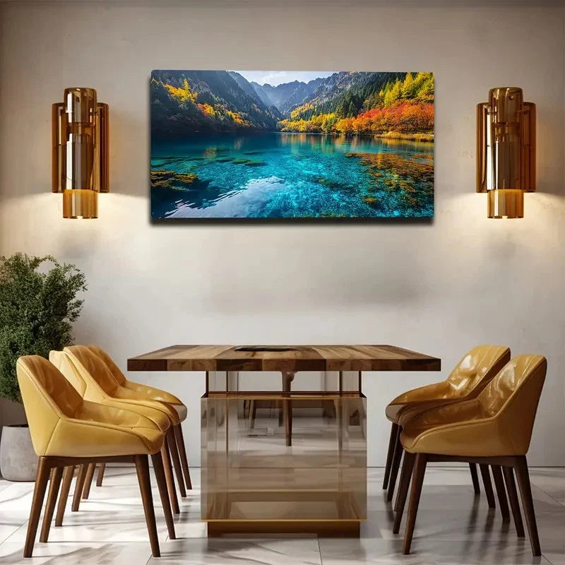 Serene Mountain Lake Scene Wall Art canvas office home room framed 120x60cm