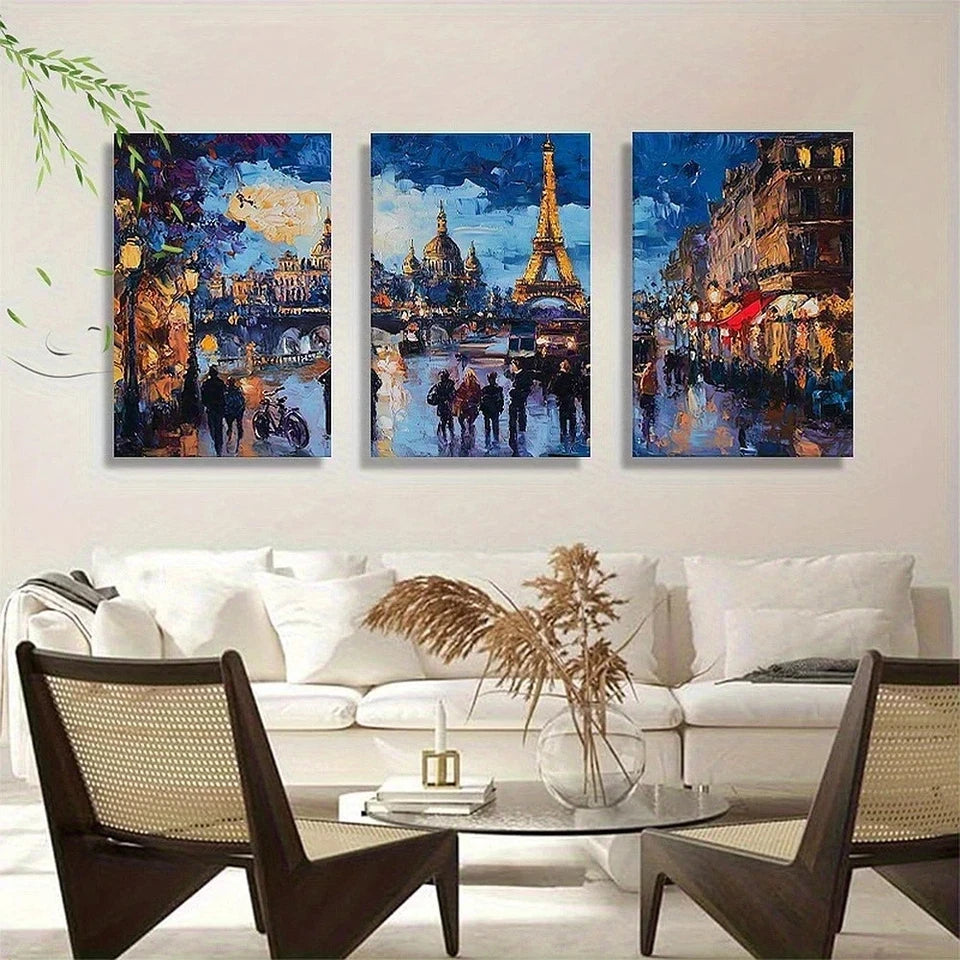 3pcs Vibrant Paris Cityscape Oil Painting Metal Print Ready to Hang Art