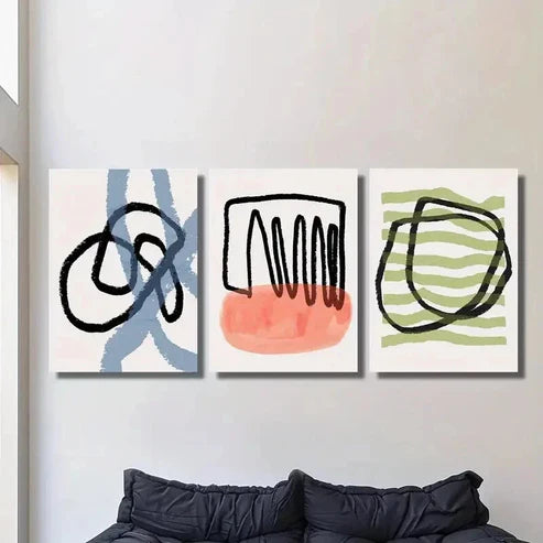 3pcs Abstract Black Blue Red Green Line Drawing Wall Art Canvas Unframed - High Quality Print 100% Australian Made Wall Canvas - Bella Home Decor