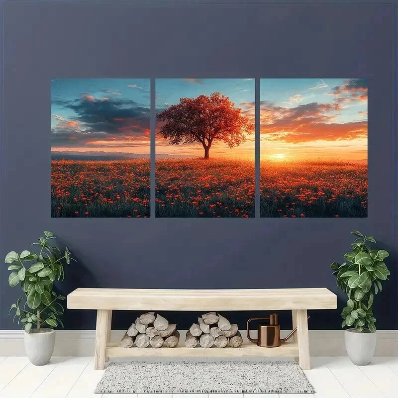 3pcs Home Relaxation Sunset Meadow Landscape Wall Art Set Canvas Framed 50x70cm - High Quality Print 100% Australian Made Wall Canvas Ready to Hang - Bella Home Decor