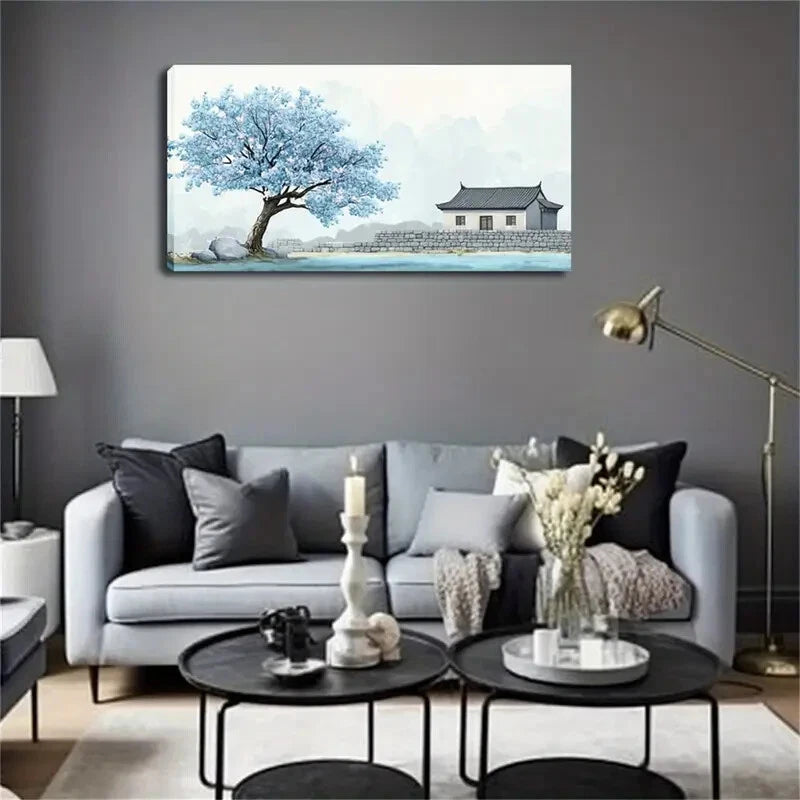 Traditional Chinese House Blue Wall Art Canvas Office Home Room Framed 120x60cm - Bella Home Decor