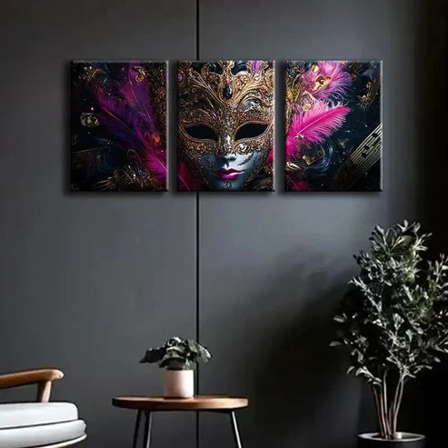 3pcs Gorgeous Venetian Masks Dark Perfect Wall Art Canvas Unframed - High Quality Print 100% Australian Made Wall Canvas - Bella Home Decor