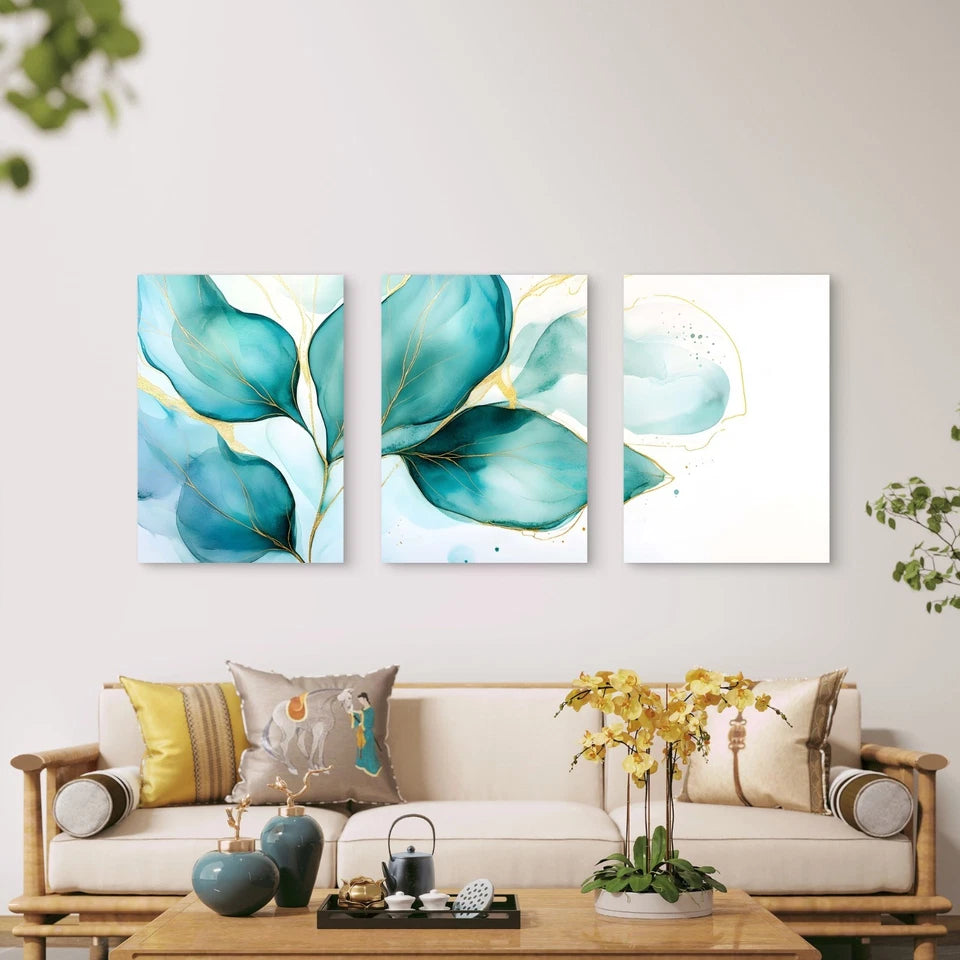 3pcs Emerald Green Leaves Outlined In Gold Wall Art Set Canvas Framed 40x60cm - High Quality Print 100% Australian Made Wall Canvas Ready to Hang - Bella Home Decor