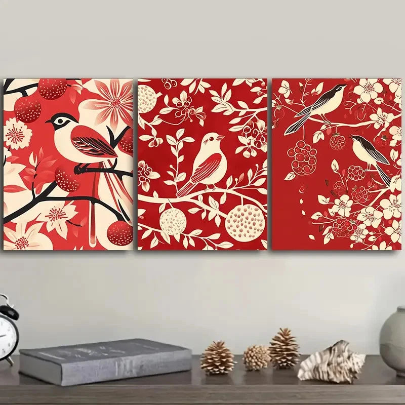 3pcs Three Red Panels with Birds and Flowers Wall Art Set Canvas Framed 40x60cm - High Quality Print 100% Australian Made Wall Canvas Ready to Hang