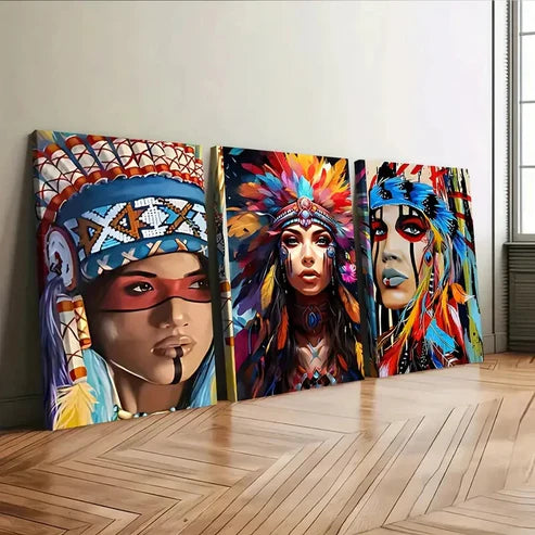 3pcs Aboriginal Chief Portrait Beauty Elegant Wall Art Set Canvas Unframed - High Quality Print 100% Australian Made Wall Canvas