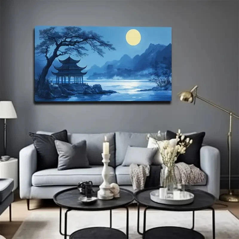 Blue With A Moonlit Night Sky Wall Art Canvas Office Home Room Framed 120x60cm