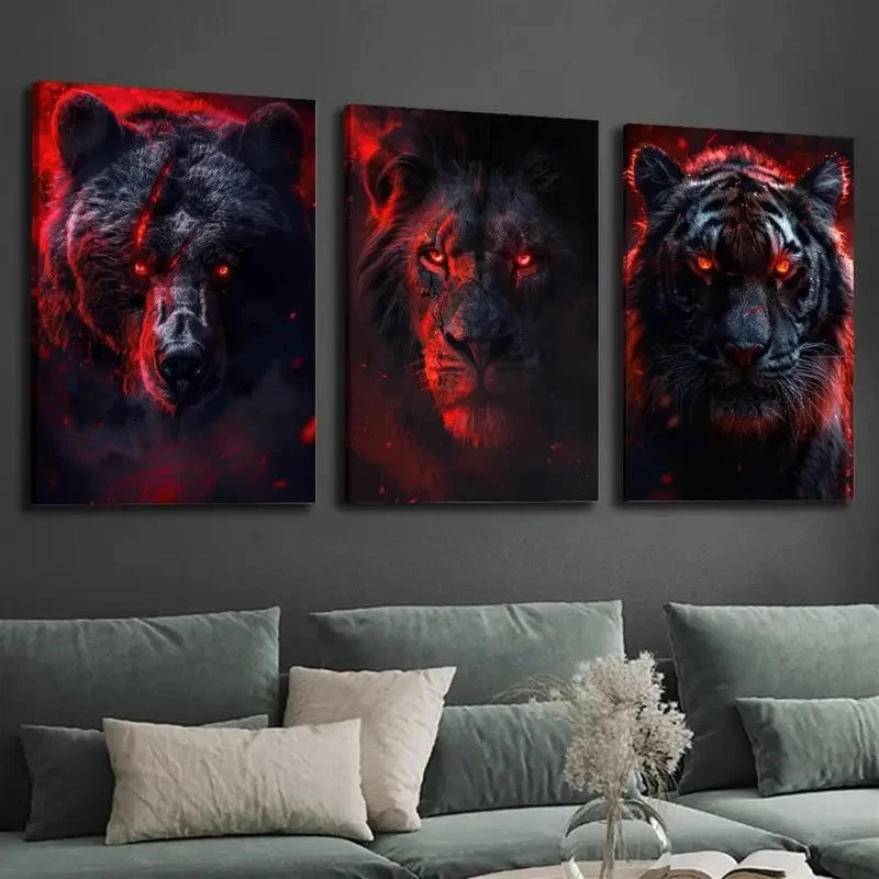 3pcs Angry Red-Eyed Tiger Lion Wall Art Set Canvas Framed 60x90cm - High Quality Print 100% Australian Made Wall Canvas Ready to Hang - Bella Home Decor