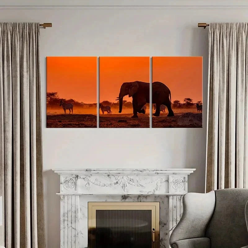 3pcs African Elephant in a Grassland at Sunset Wall Art Set Canvas Framed 50x70cm - High Quality Print 100% Australian Made Wall Canvas Ready to Hang - Bella Home Decor
