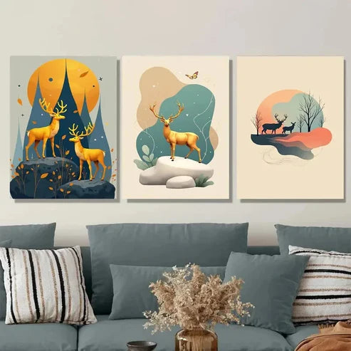 3pcs Modern Deer Forest Elegant Nature Golden Wall Art Set Wall Art Canvas Unframed – High Quality Print 100% Australian Made Wall Canvas