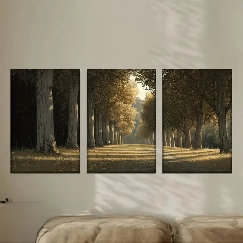 3pcs Painting of a Road Lined with Trees Wall Art Set Canvas Framed 50x70cm - High Quality Print 100% Australian Made Wall Canvas Ready to Hang