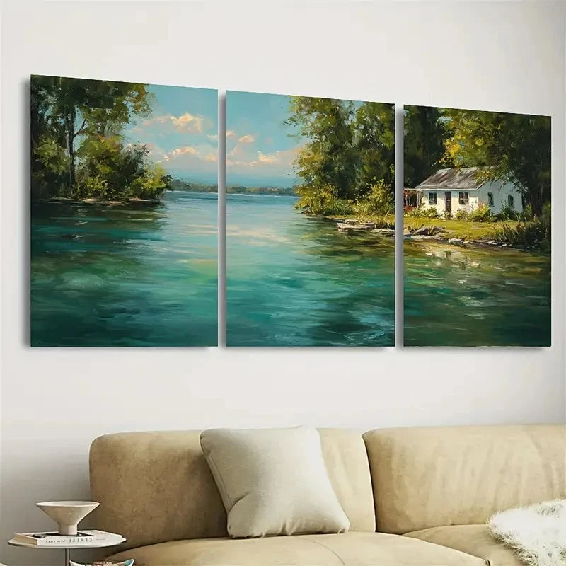 3pcs Serene Lake View with White House and Lush Wall Art Set Canvas Framed 50x70cm - High Quality Print 100% Australian Made Wall Canvas Ready to Hang