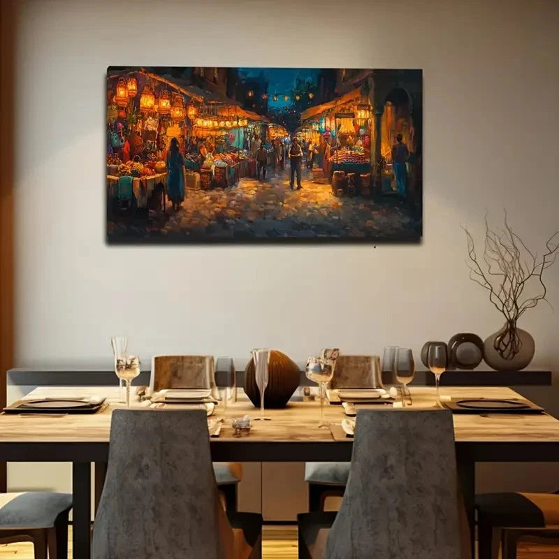 Night Market Modern Vibrant Wall Art Canvas Office Home Room Framed 120x60cm