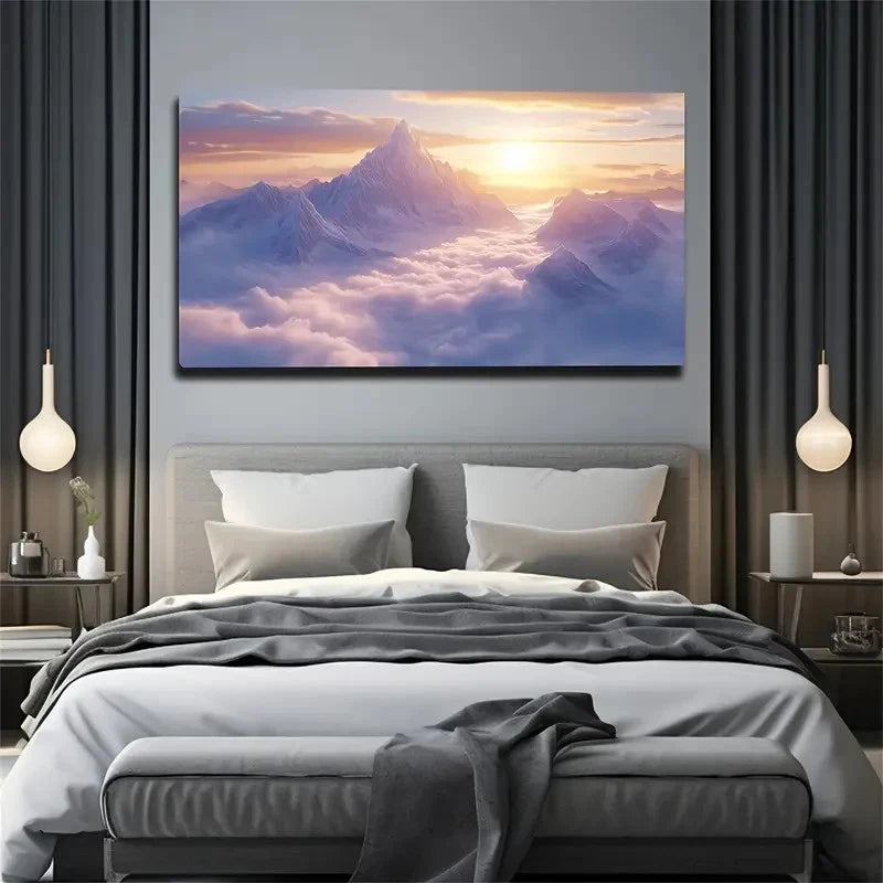 Snow Mountain Sunrise Surrounde Wall Art Canvas Office Home Room Framed 120x60cm