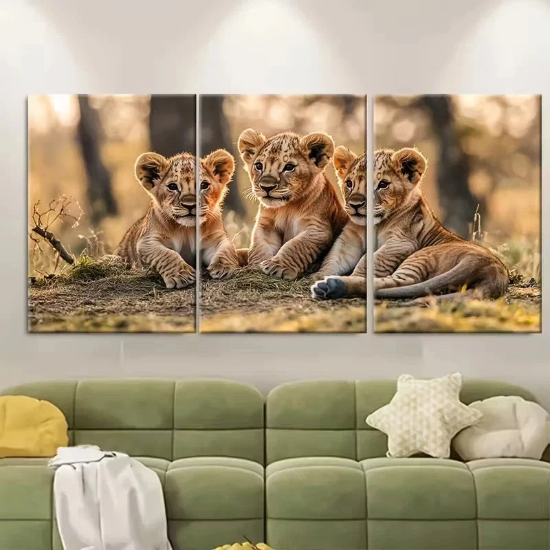 3pcs Lion Cubs Playing Together Wildlife Wall Art Set Canvas Framed 60x90cm - High Quality Print 100% Australian Made Wall Canvas Ready to Hang - Bella Home Decor