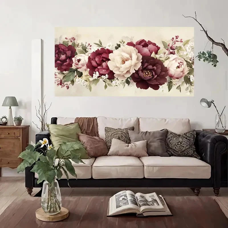 Vintage Peony Floral Wall Art Canvas Office Home Room Framed 120x60cm