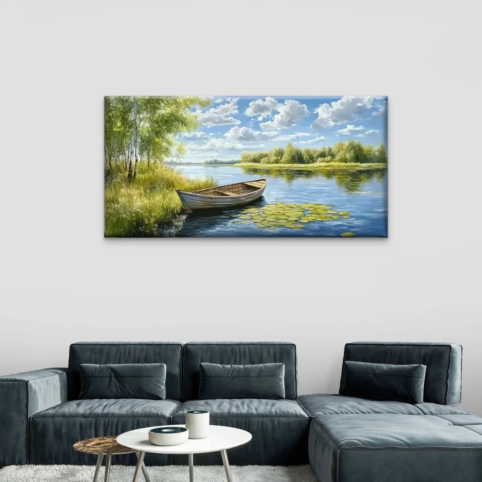 Serene Boat Water Blue Sky Wall Art Canvas Office Home Room Framed 120x60cm