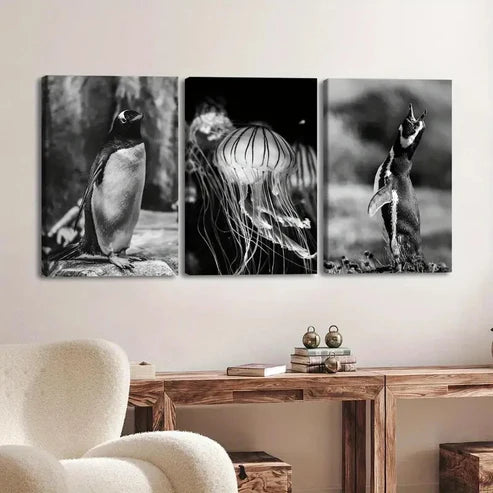 3pcs Vintage Black Animal Penguin Jellyfish Dark Wall Art Set Canvas Unframed - High Quality Print 100% Australian Made Wall Canvas