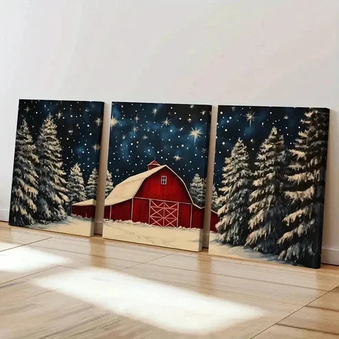 3pcs Winter Barn & Snowy Trees Starry Night Sky Wall Art Set Canvas Unframed - High Quality Print 100% Australian Made Wall Canvas