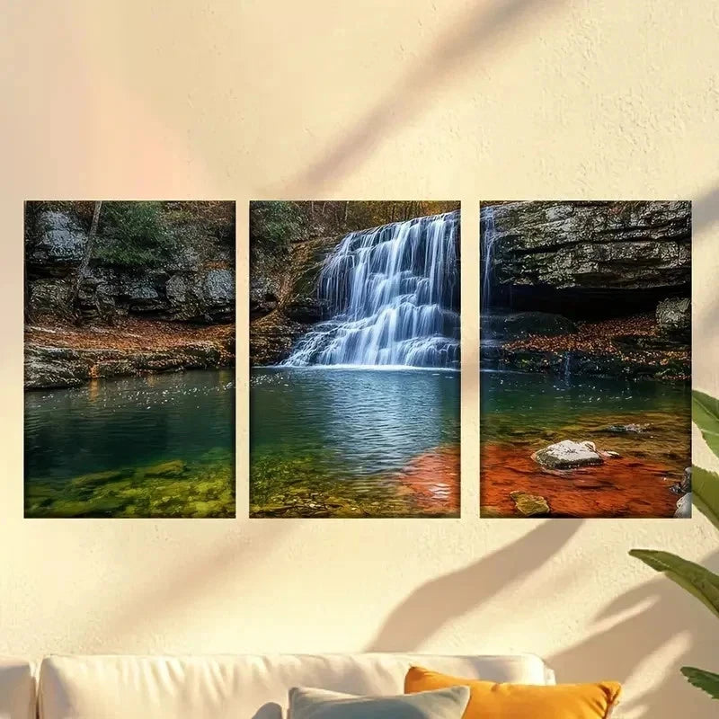 3pcs Waterfall in The Woods with a Red Rock Wall Art Set Canvas Framed 60x90cm - High Quality Print 100% Australian Made Wall Canvas Ready to Hang