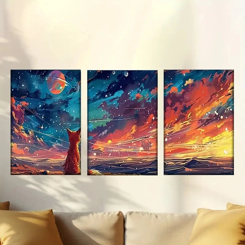 3pcs cat sitting on rock looking at the sunset Wall Art Set Canvas Framed 60x90cm - High Quality Print 100% Australian Made Wall Canvas Ready to Hang - Bella Home Decor