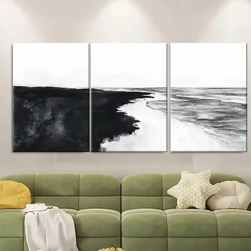 3pcs Tranquil Beach Landscape, Black And White Metal Print Ready to Hang Art