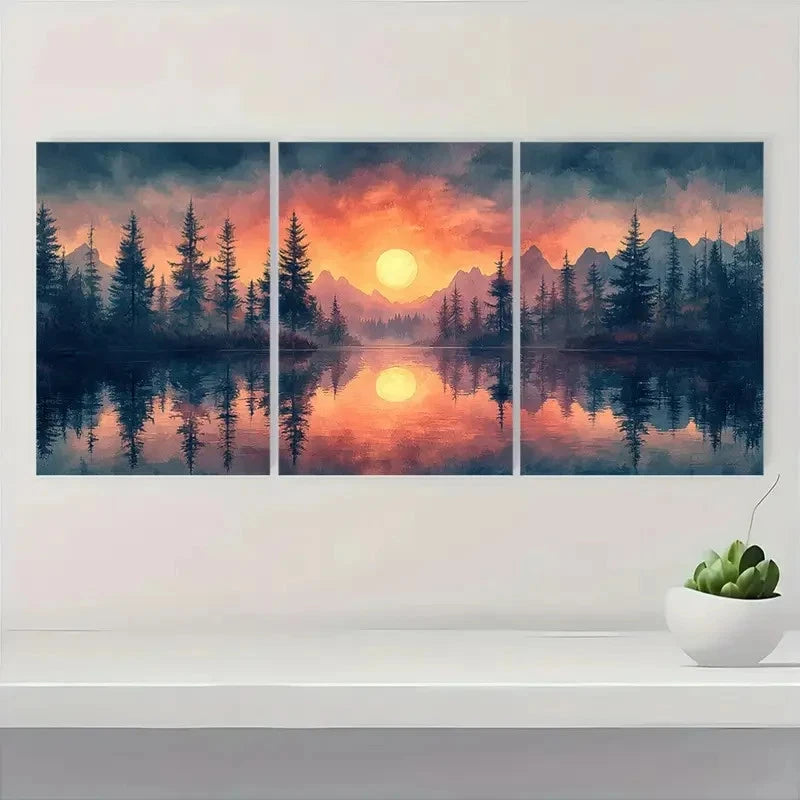 3pcs Peaceful Pine Forest Twilight Lake RJ Wall Art Set Canvas Framed 40x60cm - High Quality Print 100% Australian Made Wall Canvas Ready to Hang - Bella Home Decor