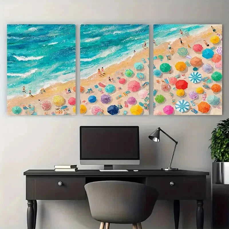 3pcs Sunbathers Beach Swim Summer Perfect Wall Art Set Canvas Framed 50x70cm - High Quality Print 100% Australian Made Wall Canvas Ready to Hang