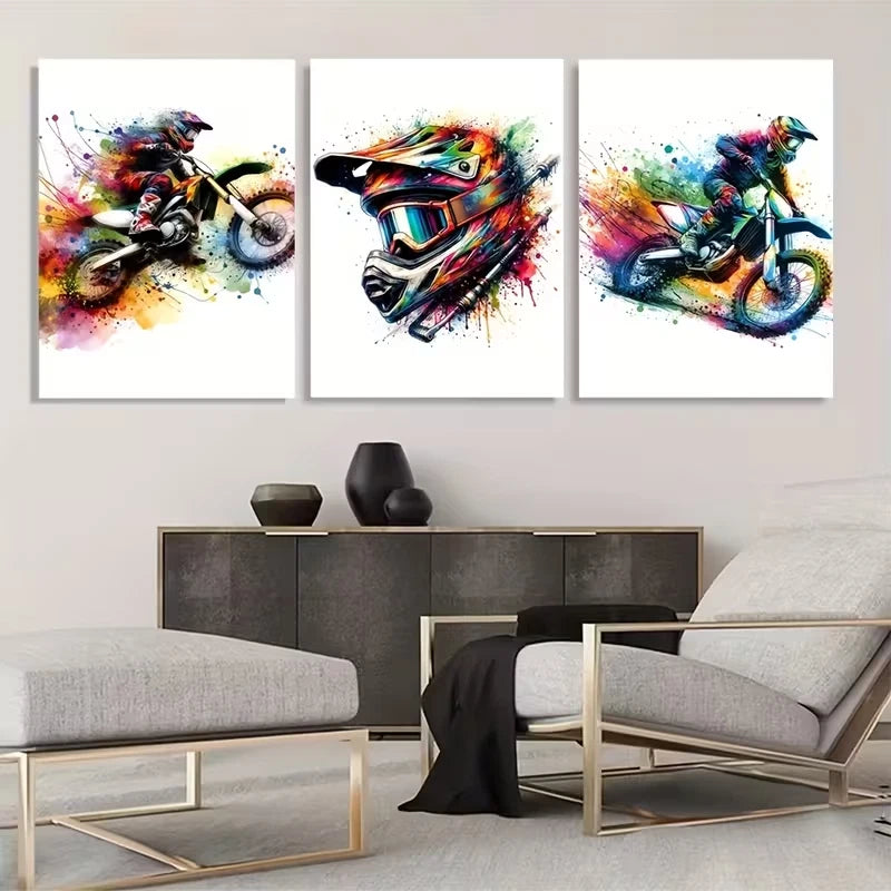 3pcs Watercolor Motocross Decor Wall Art Set Canvas Framed 60x90cm - High Quality Print 100% Australian Made Wall Canvas Ready to Hang - Bella Home Decor