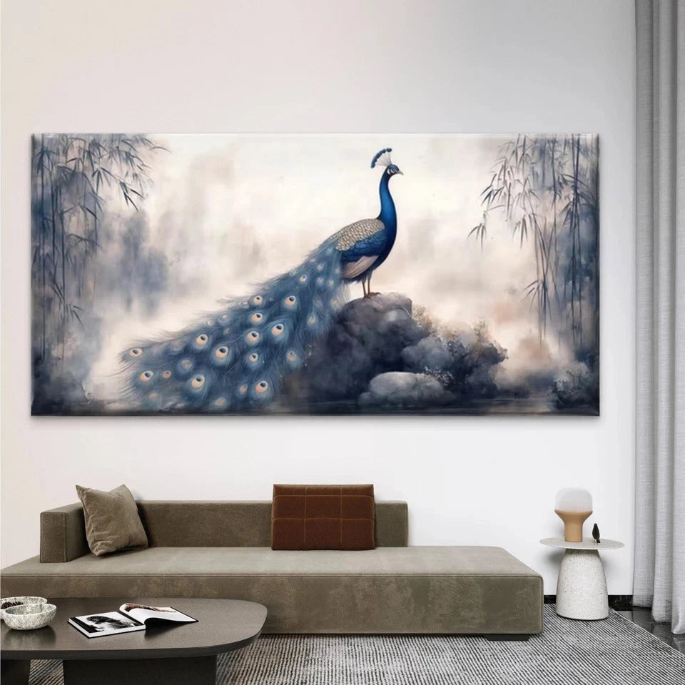 Elegant Blue Peacock Wall Art Canvas Office Home Room Framed 120x60cm