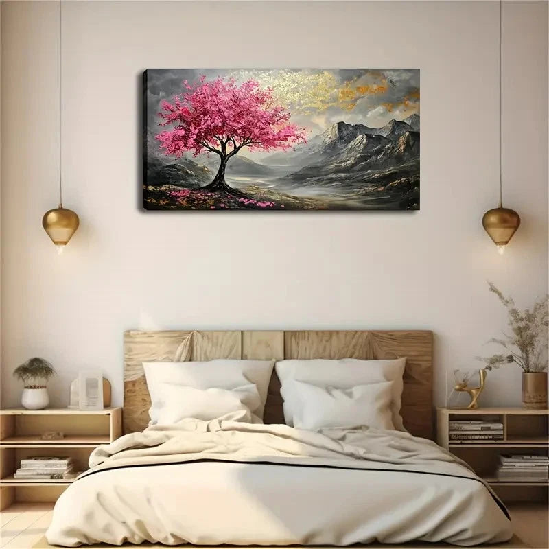 Vibrant Pink Floral Mountain Wall Art Canvas Office Home Room Framed 120x60cm