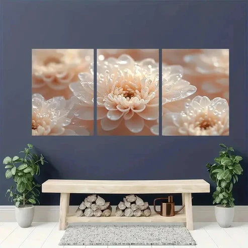 3pcs White Chrysanthemums with Water Droplets Wall Art Canvas Unframed - High Quality Print 100% Australian Made Wall Canvas