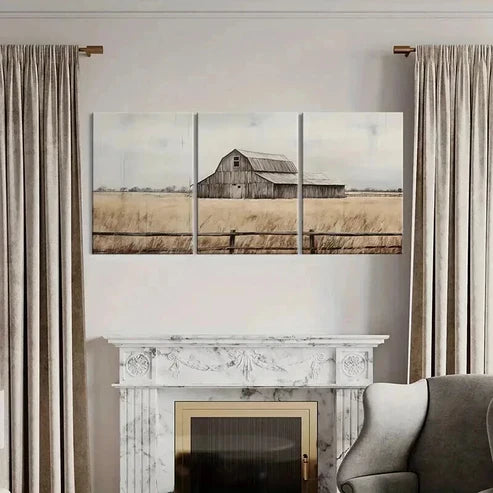 3pcs Rustic Barn Golden Field Wooden Fence Wall Art Canvas Unframed - High Quality Print 100% Australian Made Wall Canvas