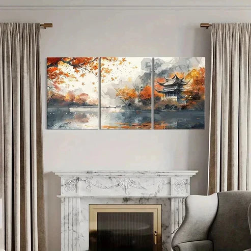 3pcs Autumn Scenery with Pagoda & Mountain River Wall Art Canvas Unframed - High Quality Print 100% Australian Made Wall Canvas