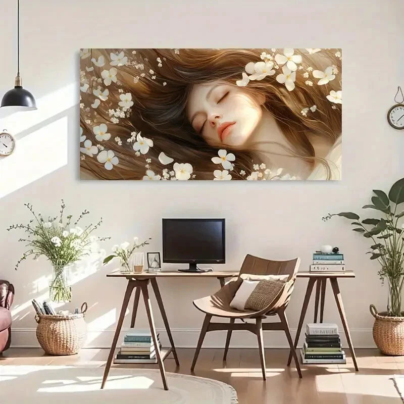 Sleeping Woman & White Flowers Wall Art Canvas Office Home Room Framed 120x60cm - Bella Home Decor