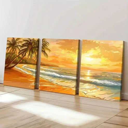 3pcs Vibrant Sunset Beach & Ocean Landscape Wall Art Set Canvas Unframed - High Quality Print 100% Australian Made Wall Canvas