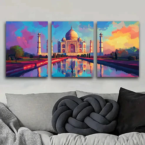3pcs Taj Mahal Colorful Rainbow Sky Perfect Wall Art Set Canvas Unframed - High Quality Print 100% Australian Made Wall Canvas