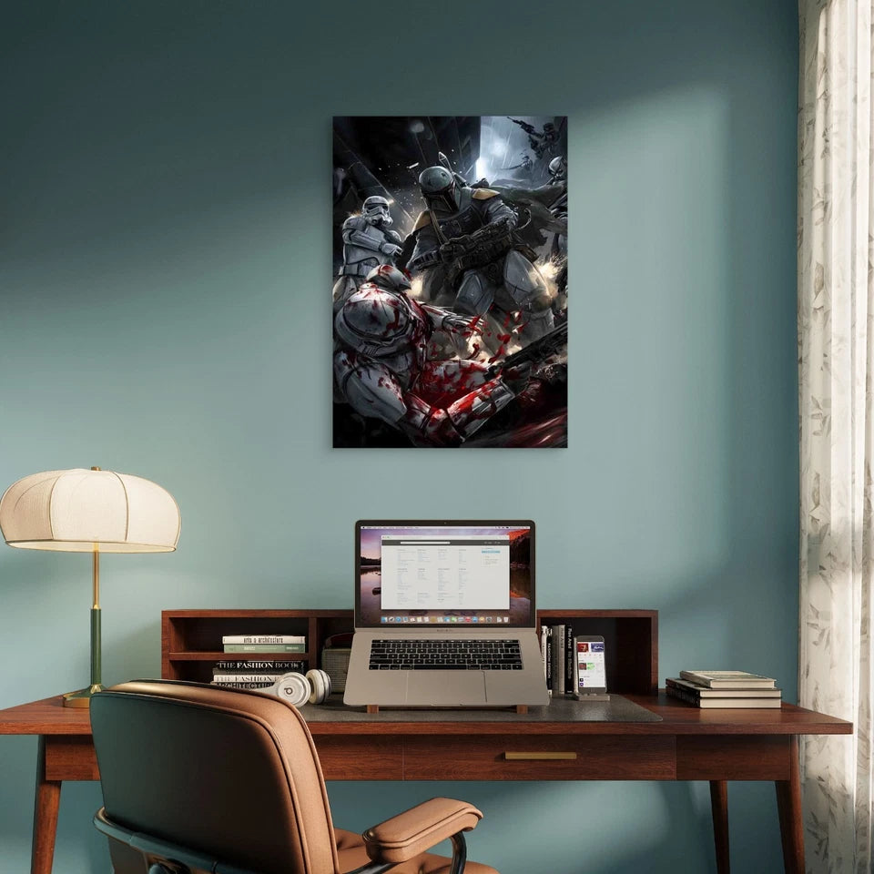Armored Bounty Hunter Leading Assault 40x60cm Metal Print Ready to Hang