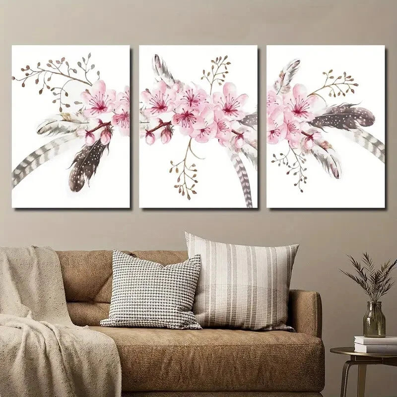 3pcs Light Pink Cherry Blossom Botanical Flowers Metal Print Ready to Hang Art