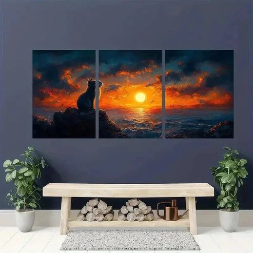 3pcs Sunset Ocean Scene with Black Cat Wall Art Canvas Unframed - High Quality Print 100% Australian Made Wall Canvas