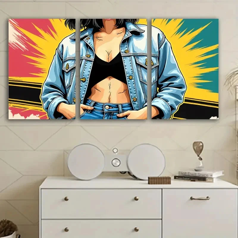 3pcs Woman In Denim Jacket Wall Art Set Canvas Framed 60x90cm - High Quality Print 100% Australian Made Wall Canvas Ready to Hang
